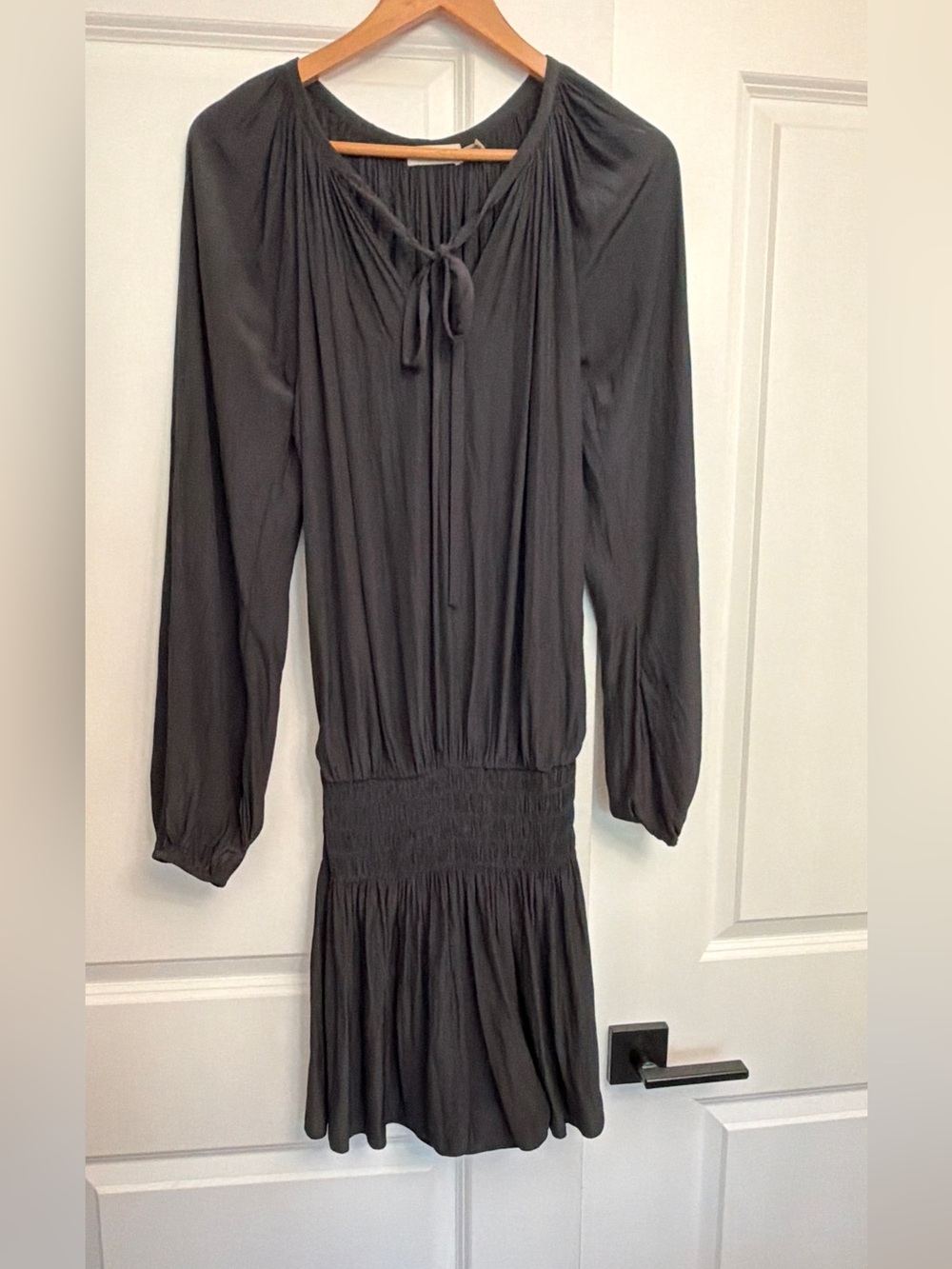 Ramy Brook Black Smocked Waist Long Sleeve Mini Dress M